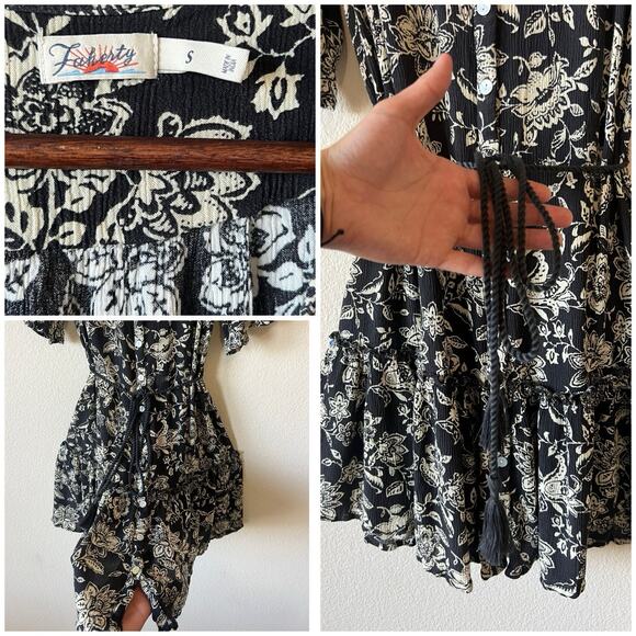 Faherty Tiered Mini Dress Sz S Boho Botanical Floral Tie Waist Button Front - Picture 4 of 11